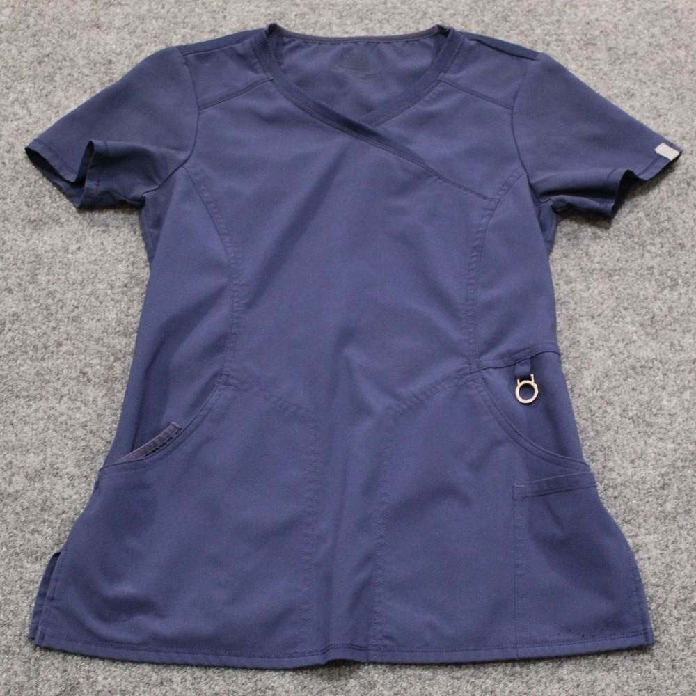Cherokee Infinity V Neck Scrub Top Women's Short Sleeve‎ Mock Wrap Blue XXS